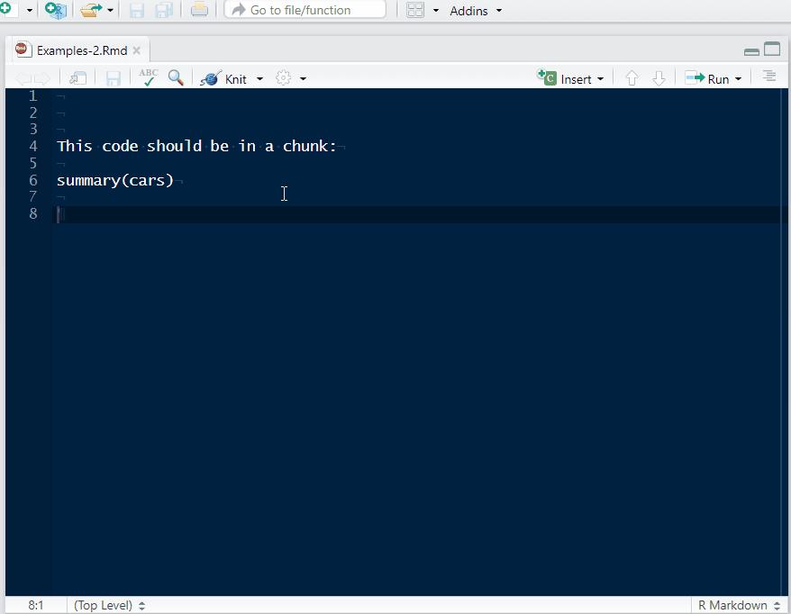 **Fig. 6.** **Demonstration 5: R code chunks.**
Select one or several lines with code, select an appropriate add-in and include code into a chunk.